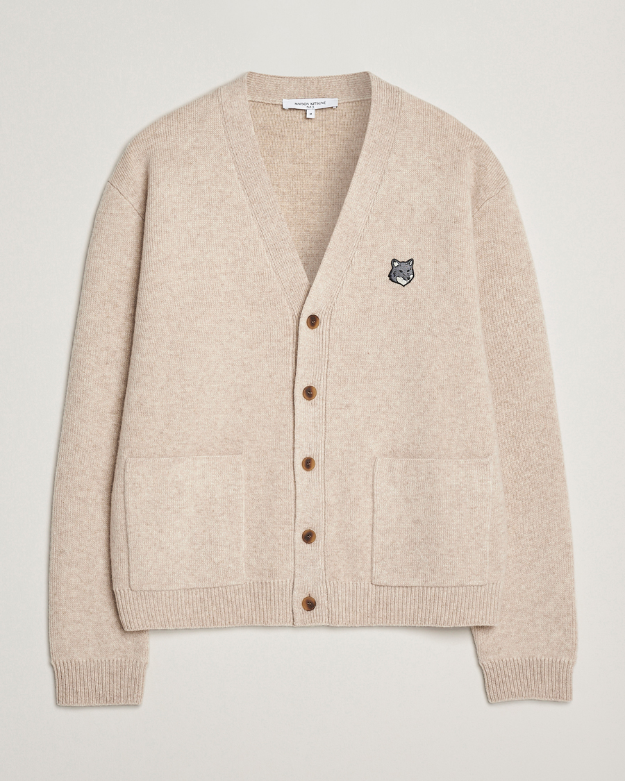 Heren | Truien | Maison Kitsuné | Grey Fox Head Milano Lambswool Cardigan Tan Beige