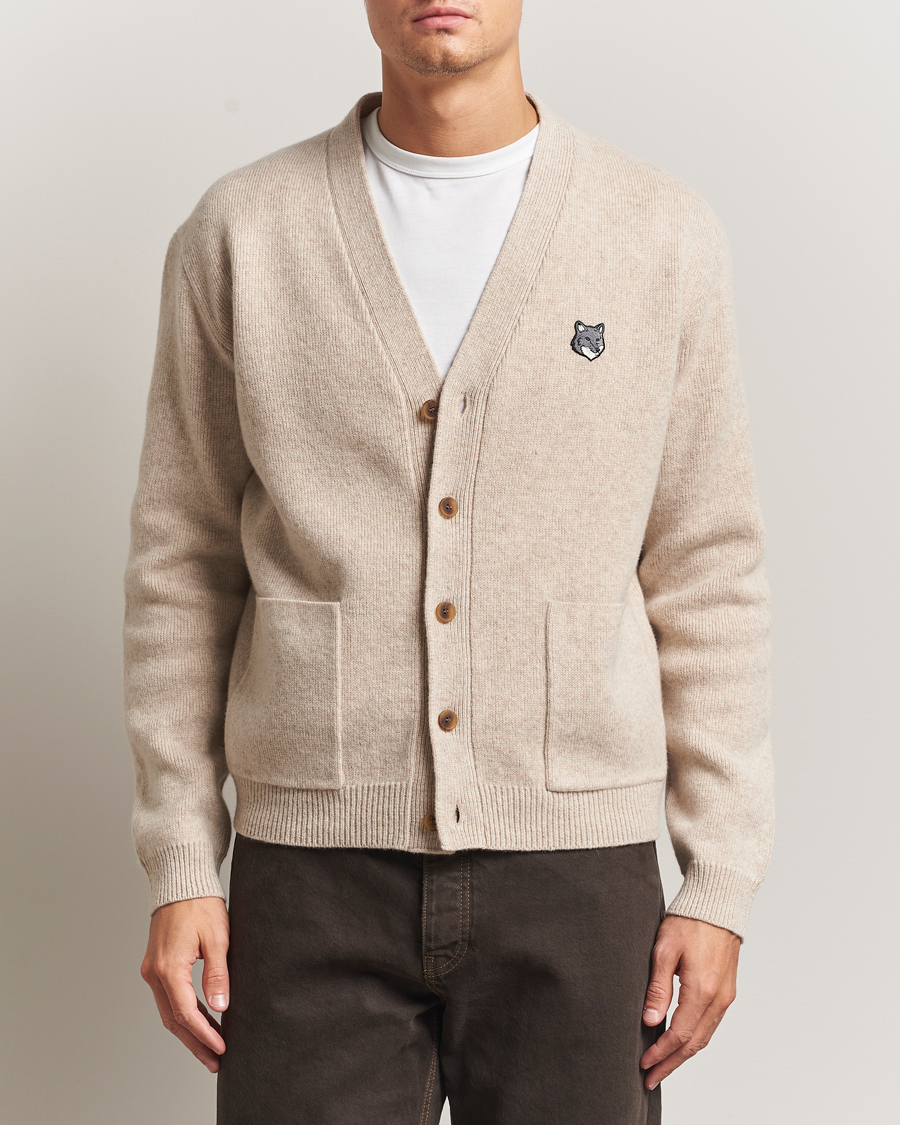 Heren | Truien | Maison Kitsuné | Grey Fox Head Milano Lambswool Cardigan Tan Beige