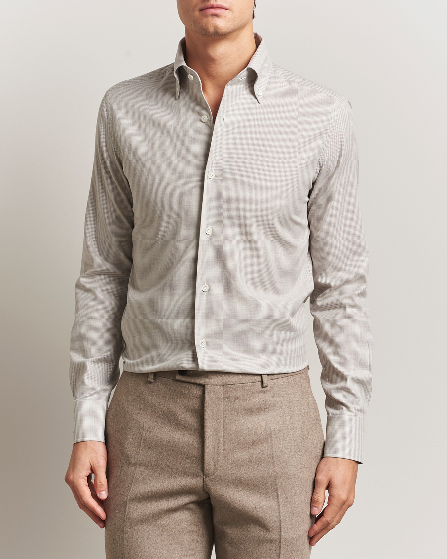 Heren | Overhemden | 100Hands | Micro Houndstooth Flannel Button Down Beige