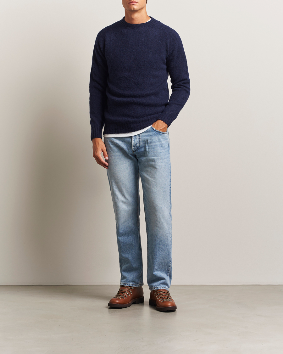 Heren | Truien | Harley Of Scotland | Brushed Supersoft Lambswool Crewneck Navy