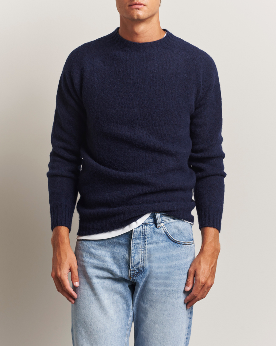 Heren | Truien | Harley Of Scotland | Brushed Supersoft Lambswool Crewneck Navy