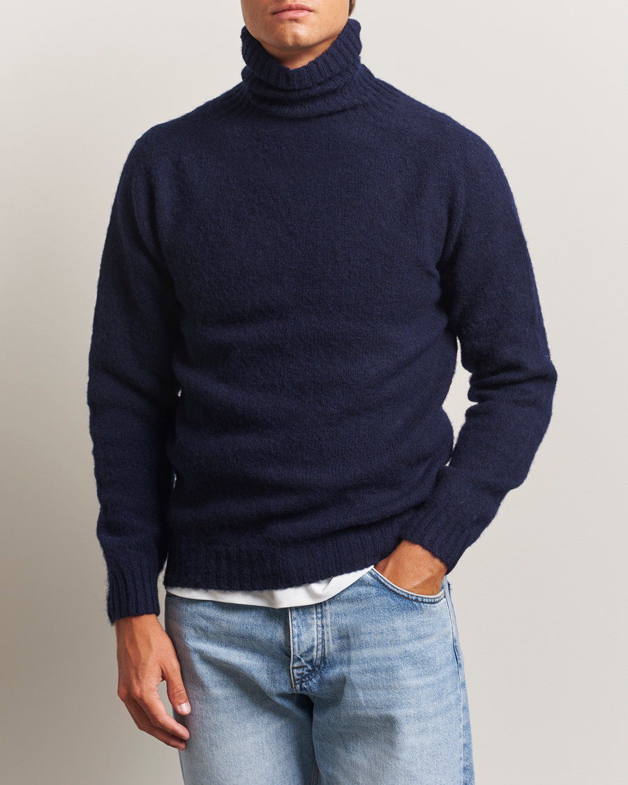 Heren | Truien | Harley Of Scotland | Brushed Supersoft Lambswool Rollneck Navy