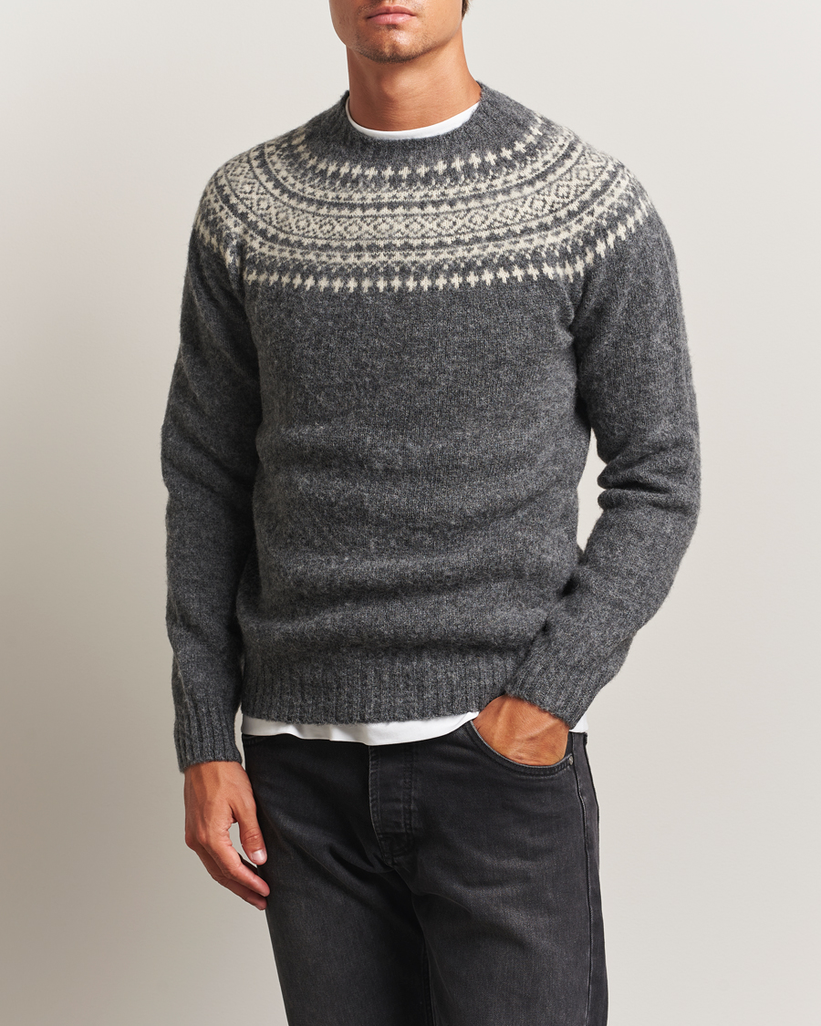 Heren | Truien | Harley Of Scotland | Brushed Supersoft Lambswool Yolk Fairisle Grey