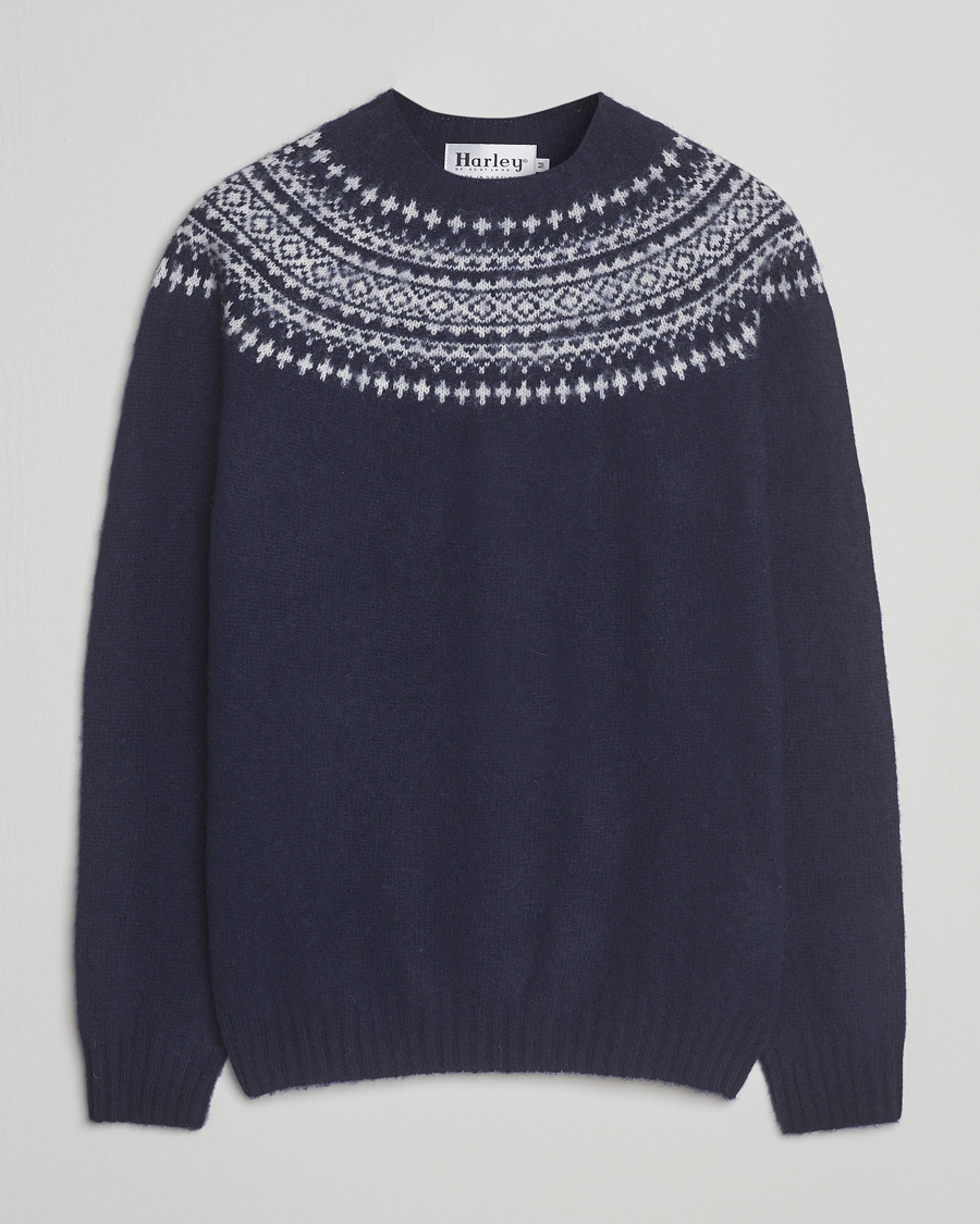 Heren | Truien | Harley Of Scotland | Brushed Supersoft Lambswool Yolk Fairisle Navy