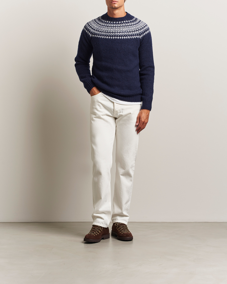 Heren | Truien | Harley Of Scotland | Brushed Supersoft Lambswool Yolk Fairisle Navy