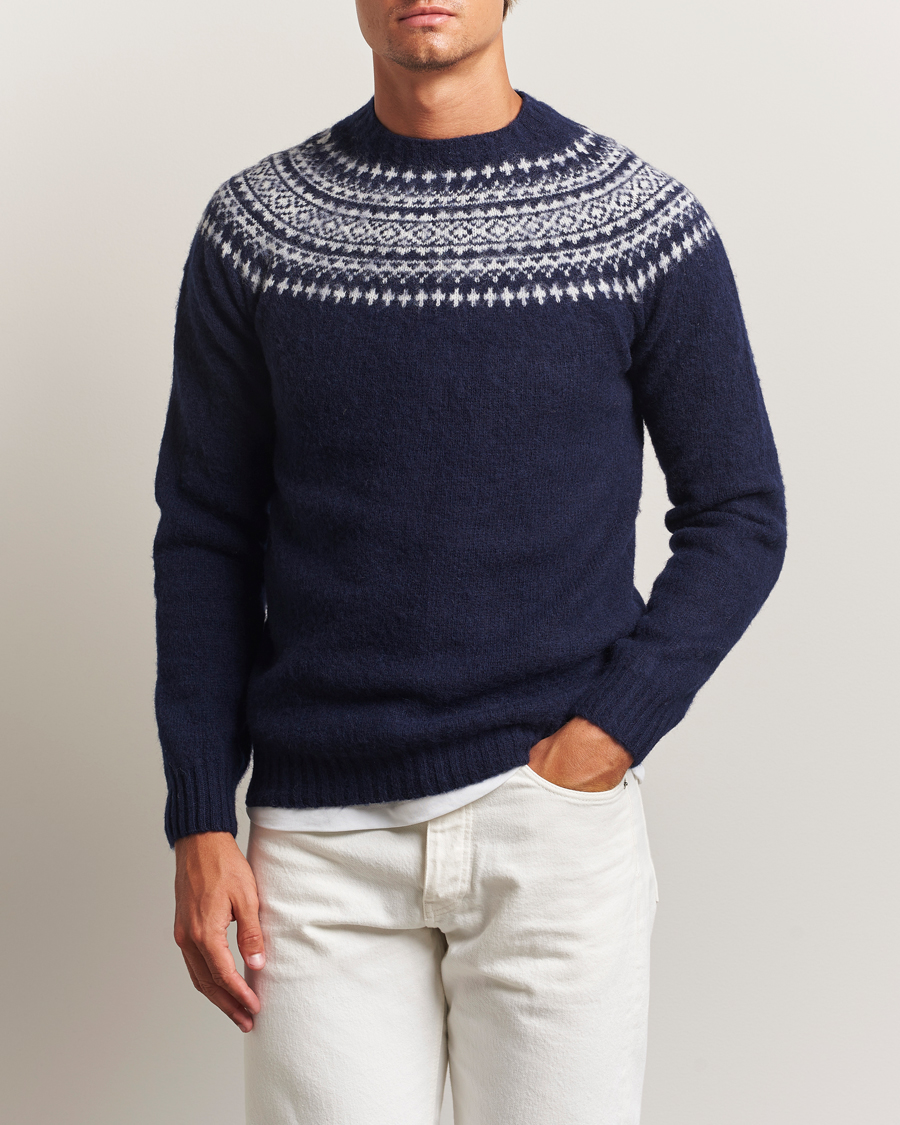 Heren | Truien | Harley Of Scotland | Brushed Supersoft Lambswool Yolk Fairisle Navy