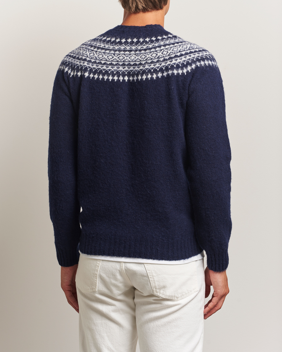 Heren | Truien | Harley Of Scotland | Brushed Supersoft Lambswool Yolk Fairisle Navy