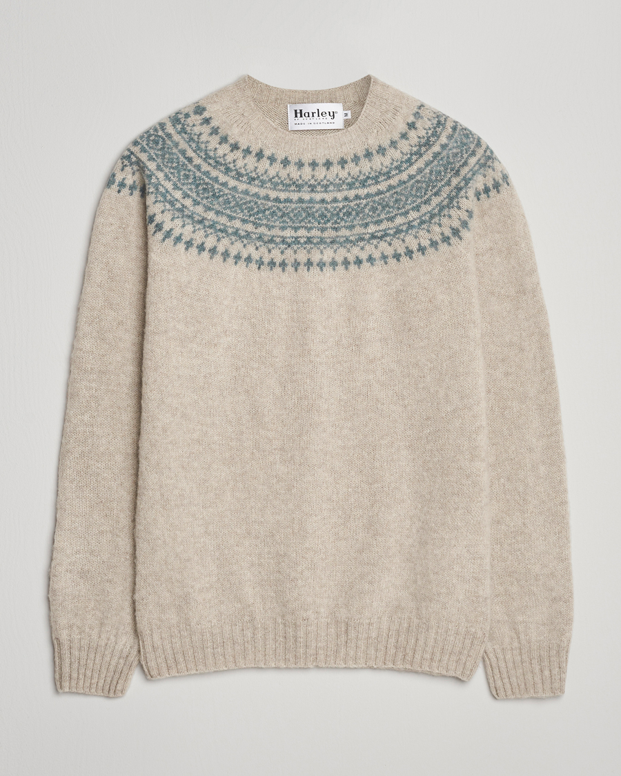Heren | Truien | Harley Of Scotland | Brushed Supersoft Lambswool Yolk Fairisle Beige