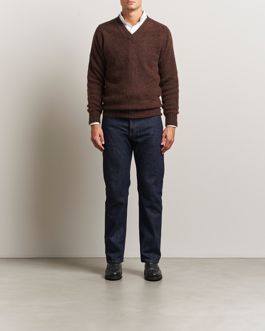 Heren | Truien | Harley Of Scotland | Brushed Supersoft Lambswool V-Neck Brown