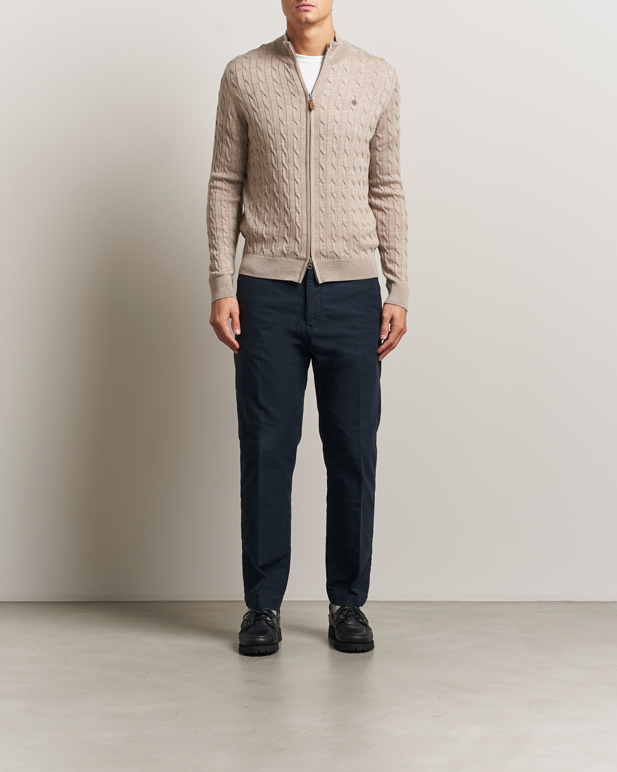 Heren | Truien | Morris | Merino Cable Zip Cardigan Khaki