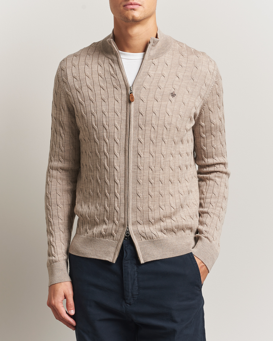 Heren | Truien | Morris | Merino Cable Zip Cardigan Khaki