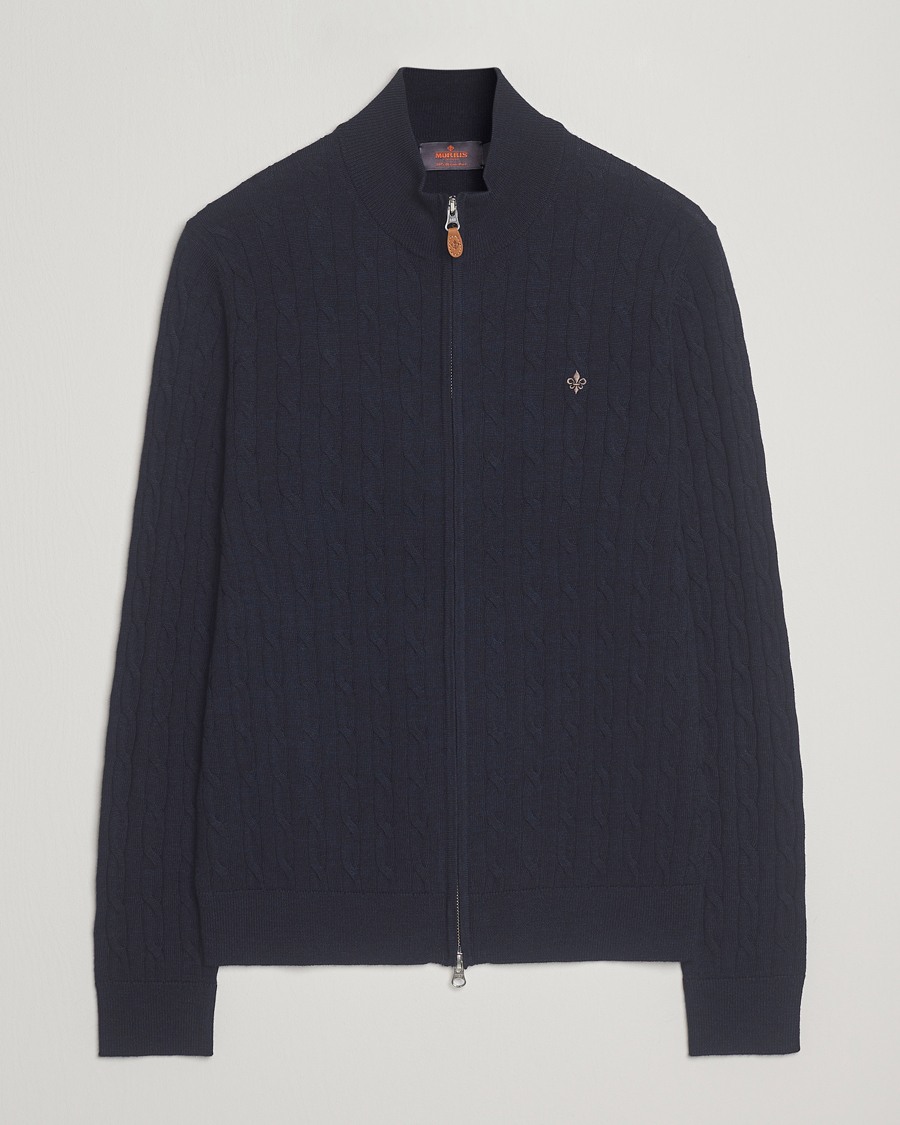 Heren | Truien | Morris | Merino Cable Zip Cardigan Navy