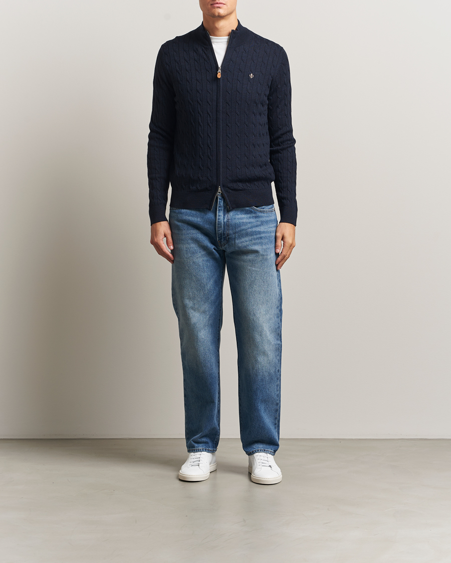 Heren | Truien | Morris | Merino Cable Zip Cardigan Navy