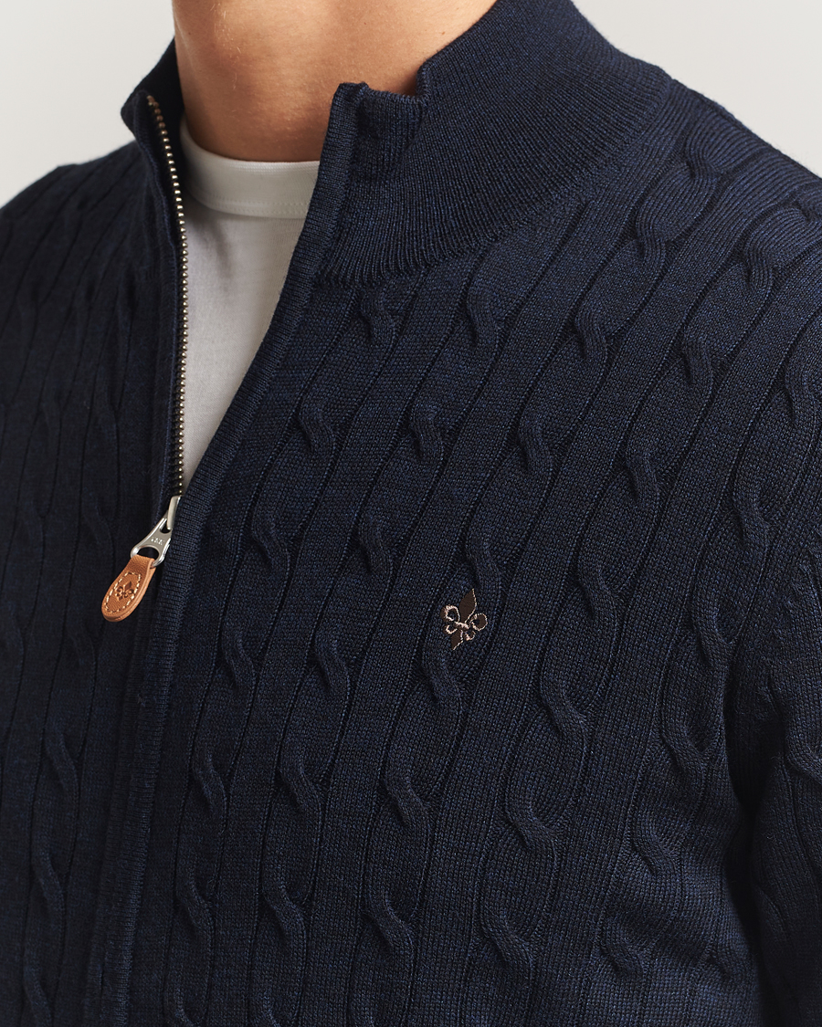 Heren | Truien | Morris | Merino Cable Zip Cardigan Navy