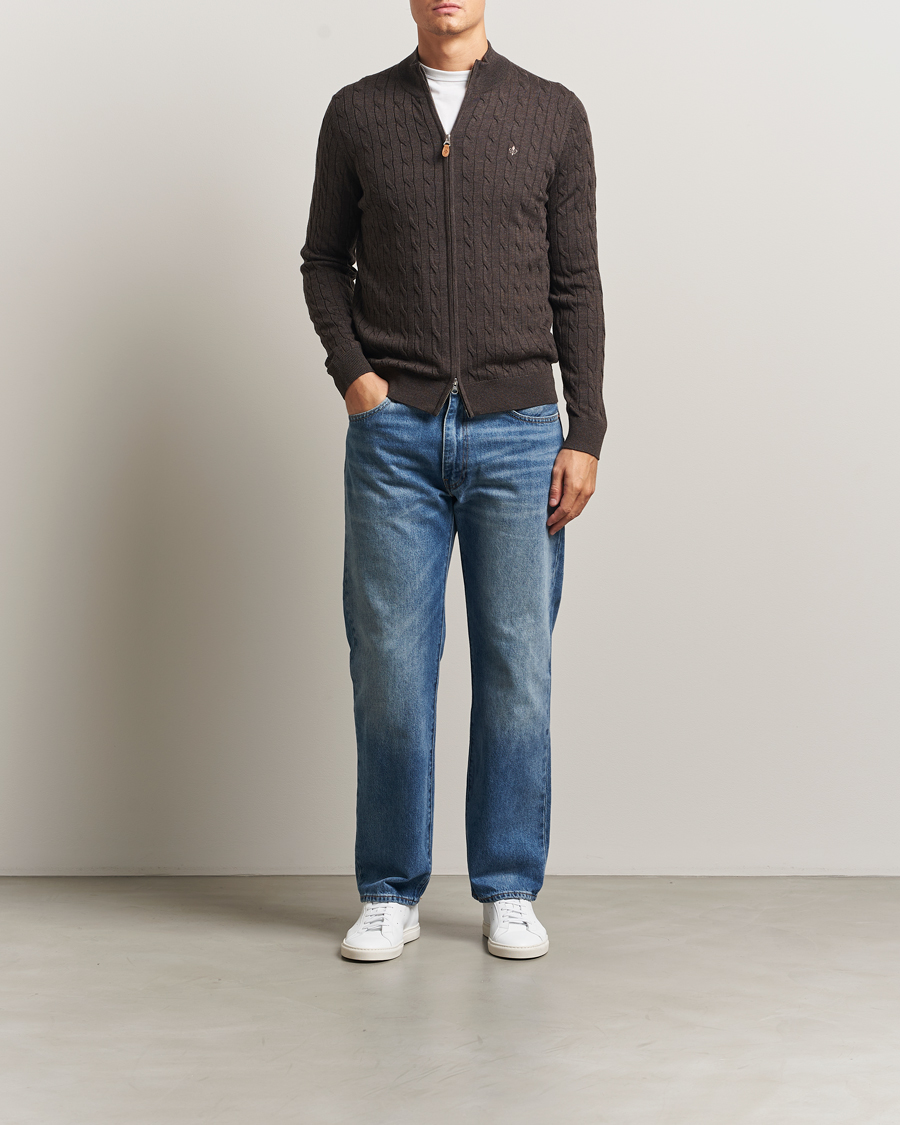 Heren | Truien | Morris | Merino Cable Zip Cardigan Brown