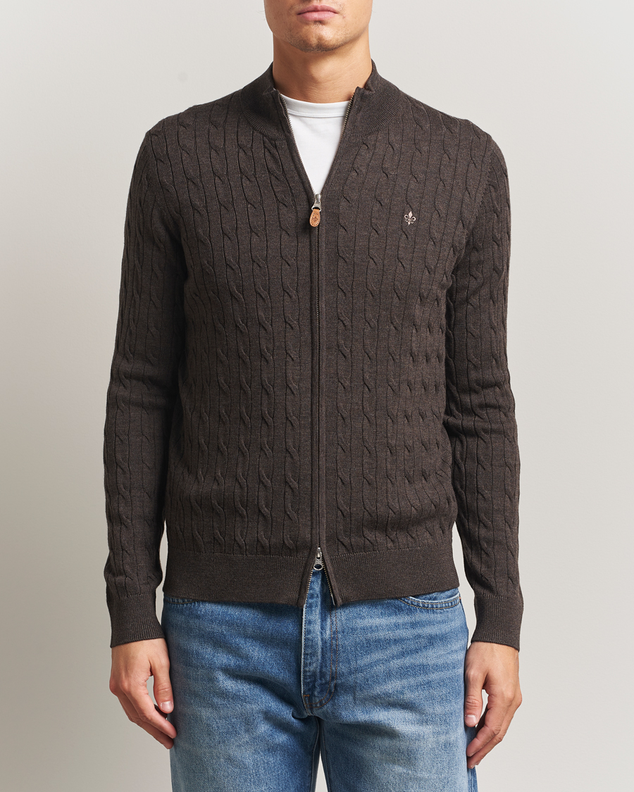 Heren | Truien | Morris | Merino Cable Zip Cardigan Brown