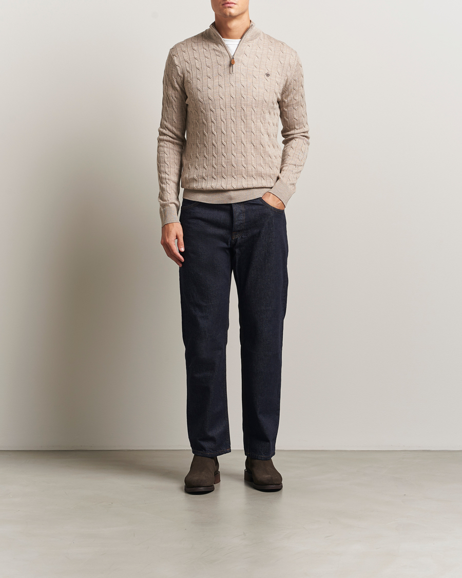 Heren | Truien | Morris | Merino Cable Half Zip Khaki