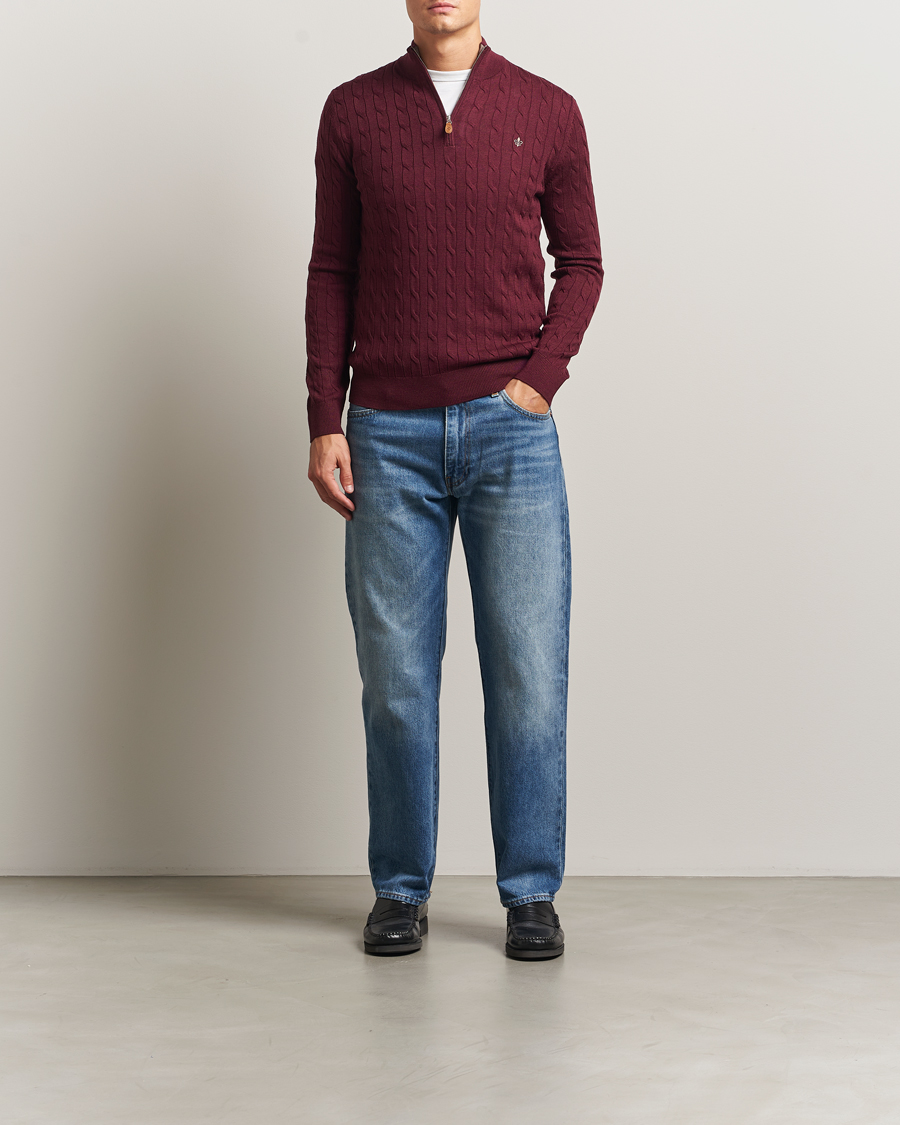Heren | Truien | Morris | Merino Cable Half Zip Wine Red