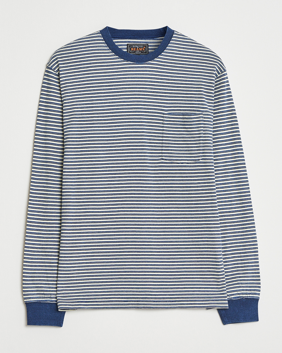 Heren | T-shirts | BEAMS PLUS | Indigo Stripe Long Sleeve T-Shirt White/Navy