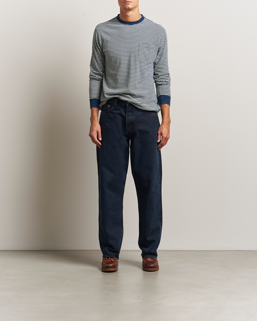 Heren | T-shirts | BEAMS PLUS | Indigo Stripe Long Sleeve T-Shirt White/Navy