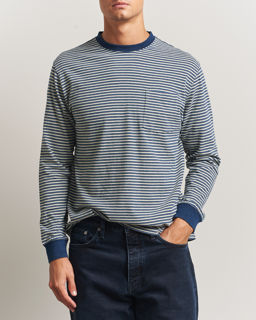 Heren | T-shirts | BEAMS PLUS | Indigo Stripe Long Sleeve T-Shirt White/Navy