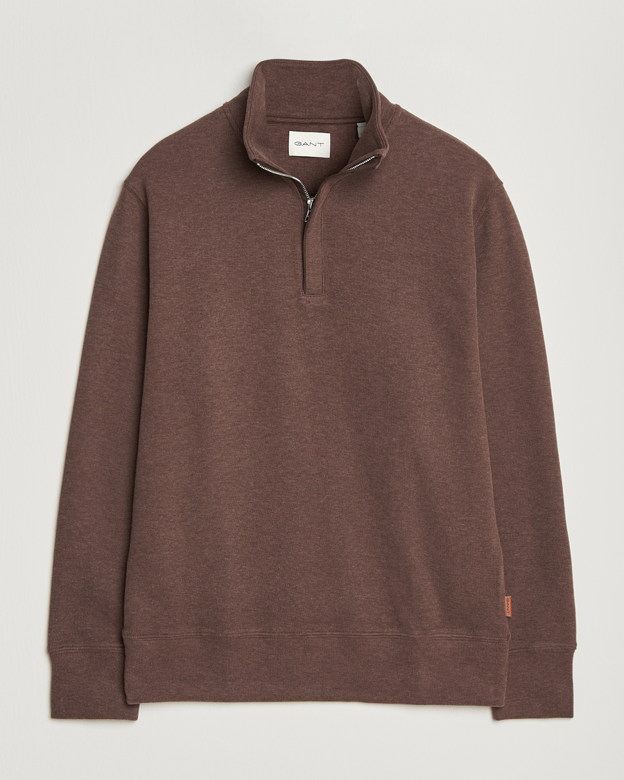Heren | Truien | Gant | Light Sacker Rib Half Zip Dark Brown Melange