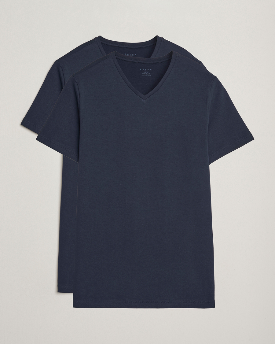 Heren | T-shirts | Falke | 2-Pack Cotton V-Neck T-Shirt Midnight