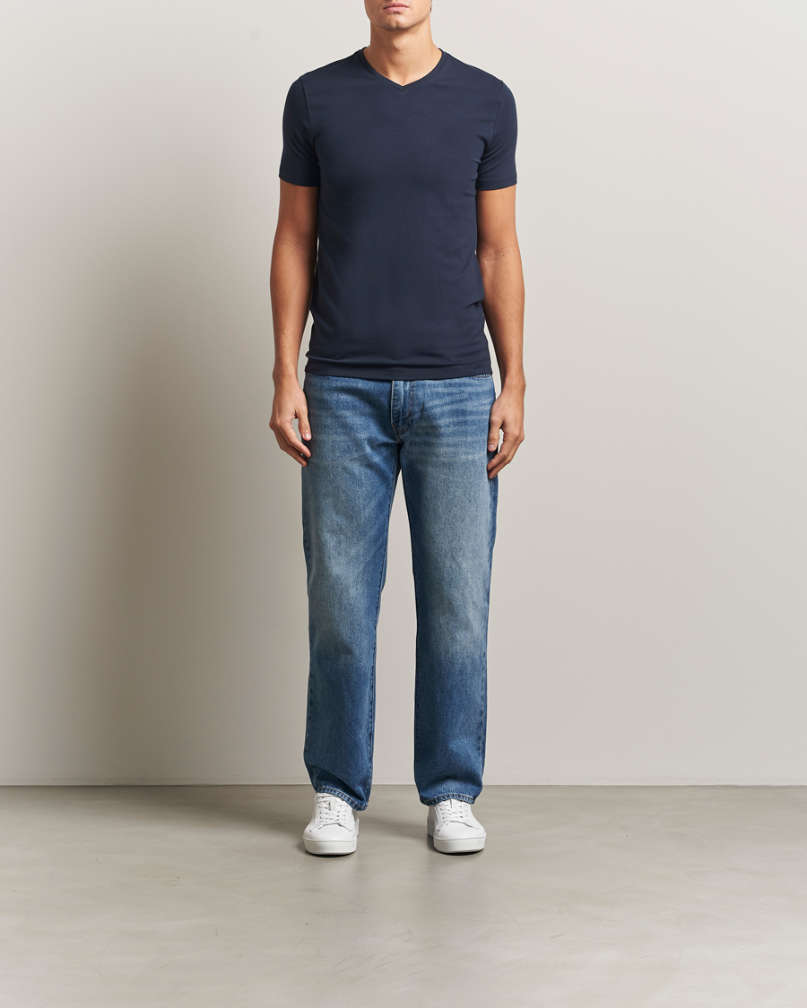 Heren | T-shirts | Falke | 2-Pack Cotton V-Neck T-Shirt Midnight