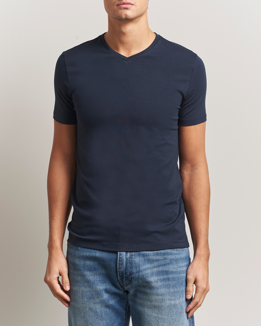 Heren | T-shirts | Falke | 2-Pack Cotton V-Neck T-Shirt Midnight