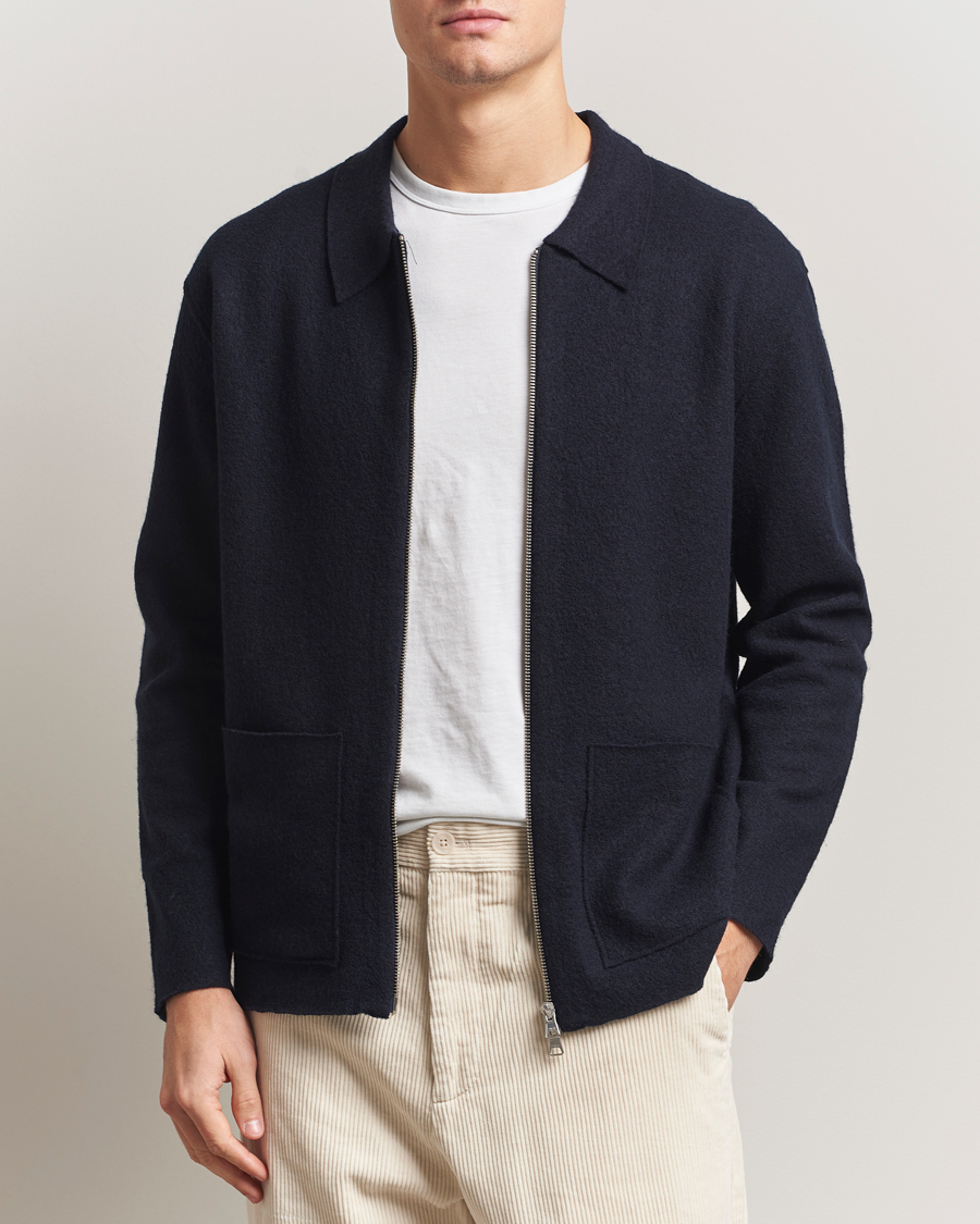 Heren | Truien | NN07 | Jonas Boiled Wool Full Zip Navy Blue