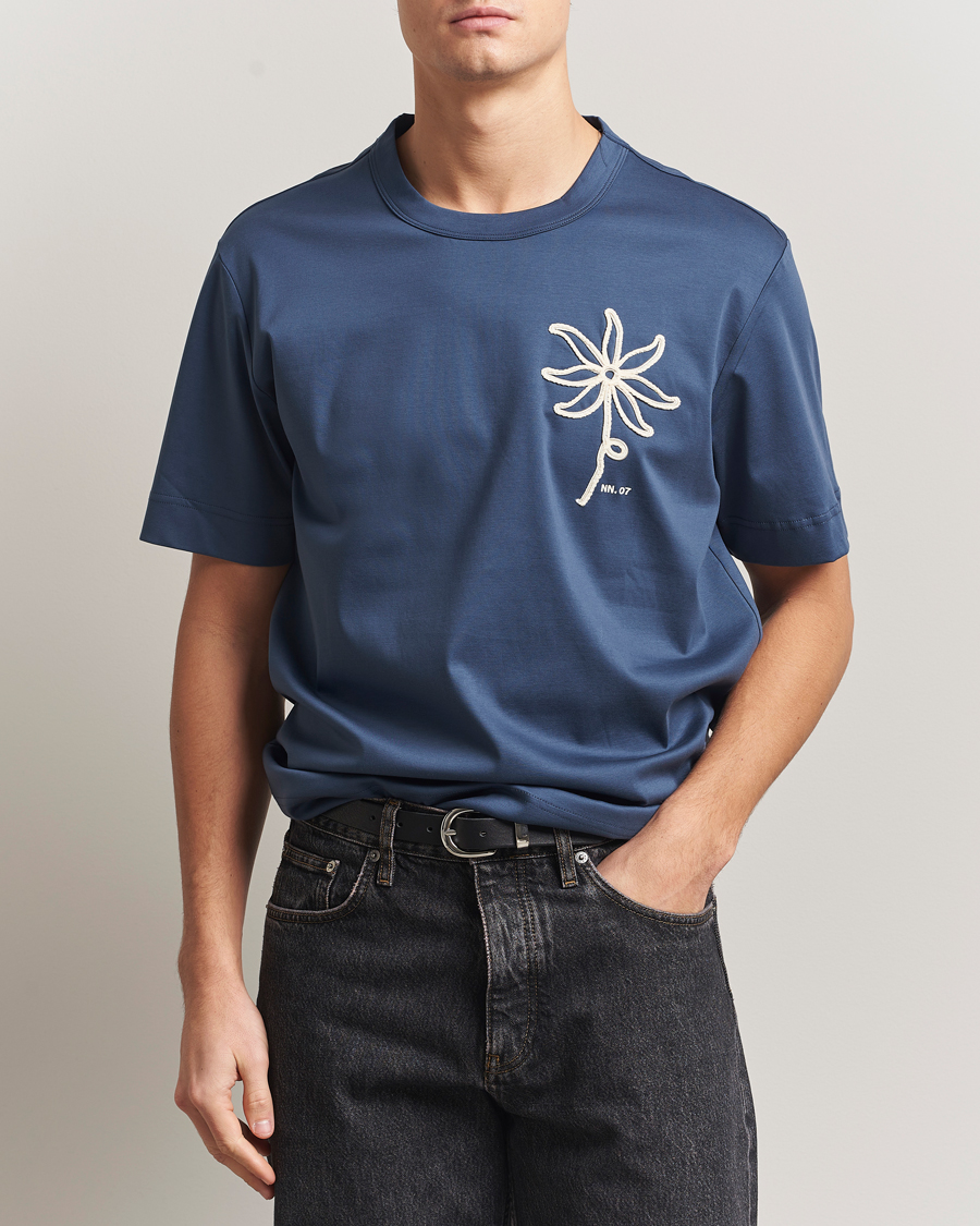 Heren | T-shirts | NN07 | Pedro Embroidered T-Shirt Denim Blue