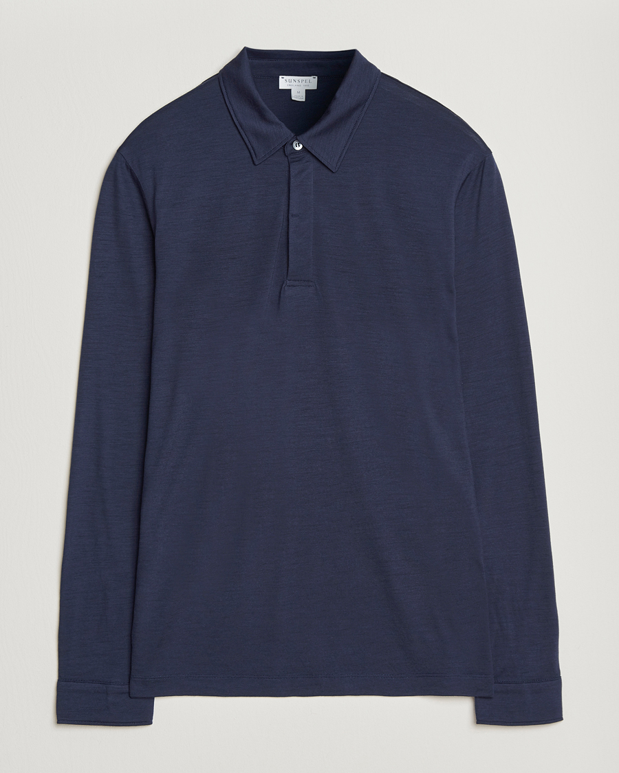 Heren | Polo's | Sunspel | Wool Jersey Long Sleeve Polo Navy