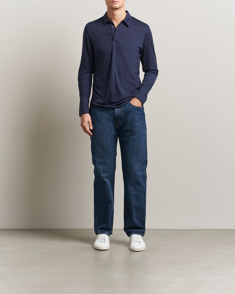 Heren | Polo's | Sunspel | Wool Jersey Long Sleeve Polo Navy