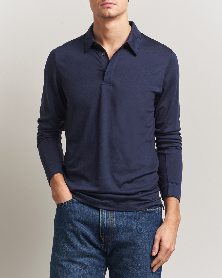 Heren | Polo's | Sunspel | Wool Jersey Long Sleeve Polo Navy