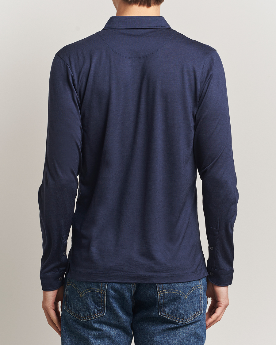 Heren | Polo's | Sunspel | Wool Jersey Long Sleeve Polo Navy