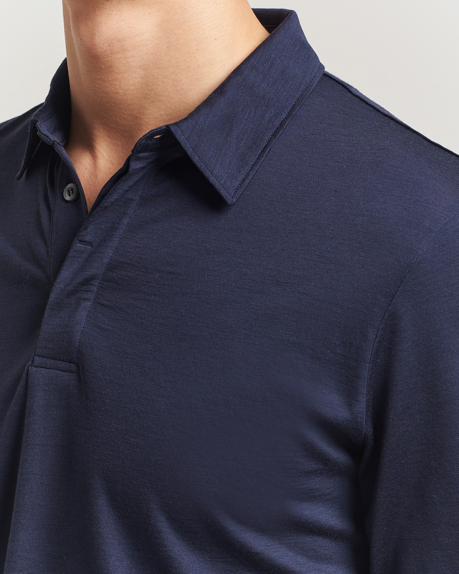 Heren | Polo's | Sunspel | Wool Jersey Long Sleeve Polo Navy
