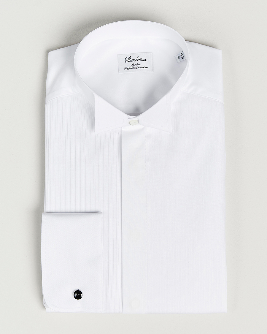Heren | Overhemden | Stenströms | Slimline Stand Up Collar Plissè Shirt White