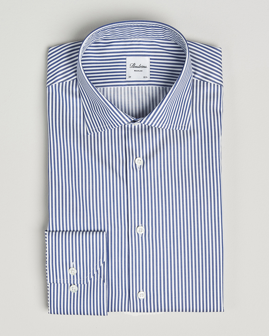 Heren | Overhemden | Stenströms | Regular Fit Striped Cut Away Shirt White/Blue