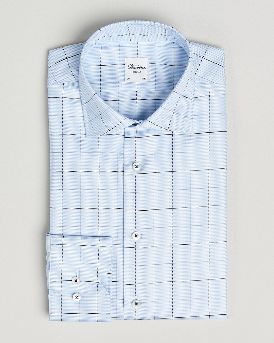 Heren | Overhemden | Stenströms | Regular Fit Cut Away Windowpane Shirt Blue