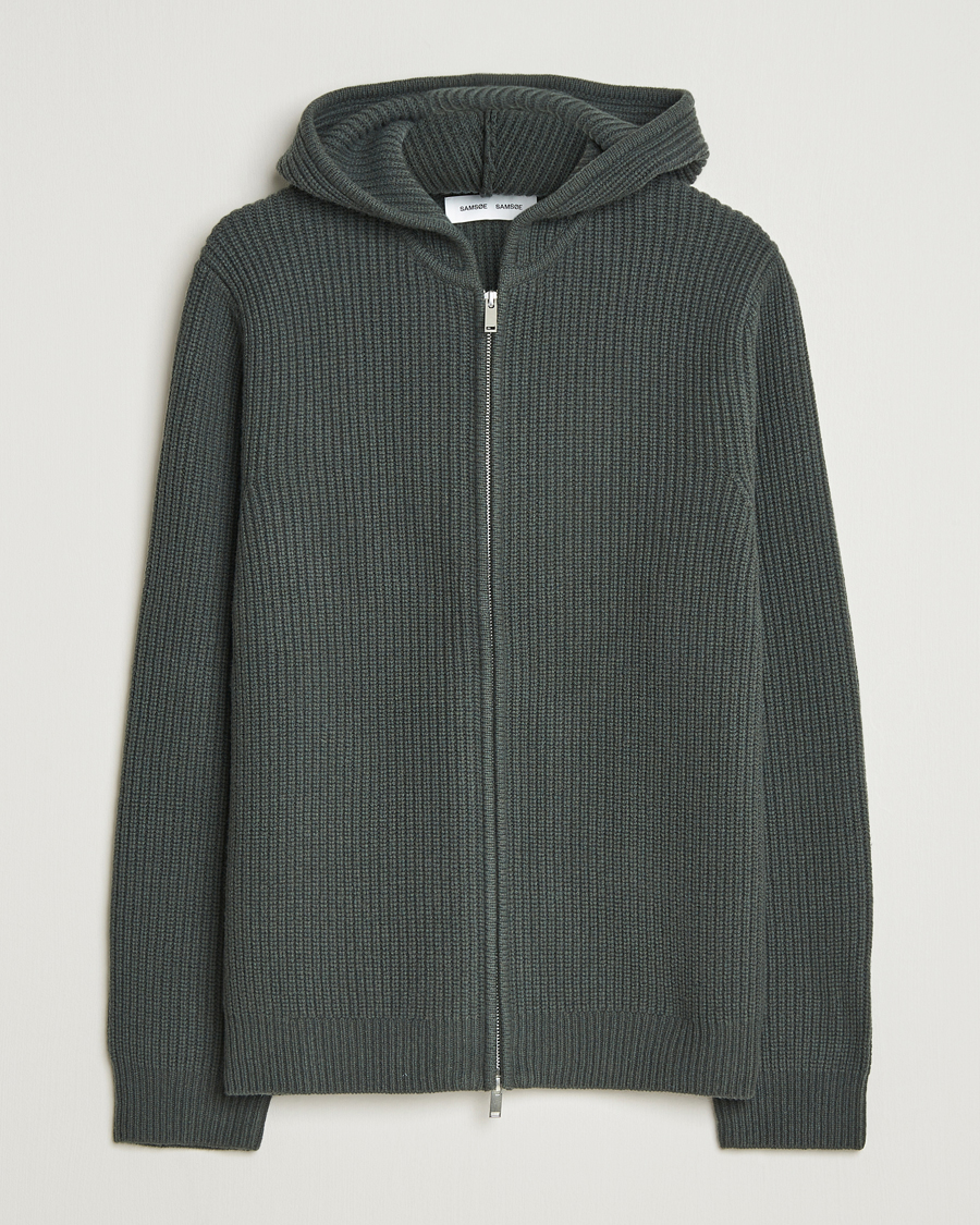 Heren | Truien | Samsøe Samsøe | Isak Heavy Knitted Full Zip Hoodie Dark Evergreen