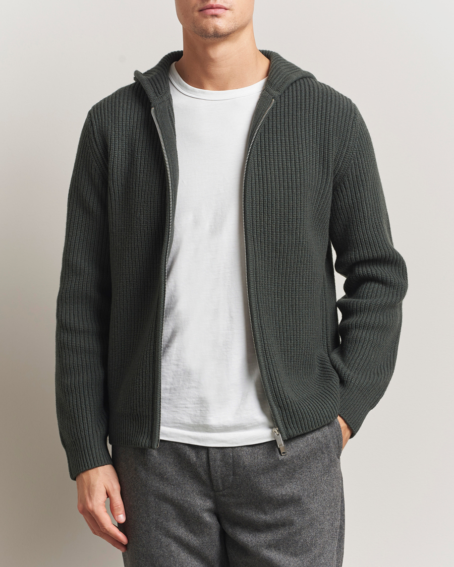 Heren | Truien | Samsøe Samsøe | Isak Heavy Knitted Full Zip Hoodie Dark Evergreen