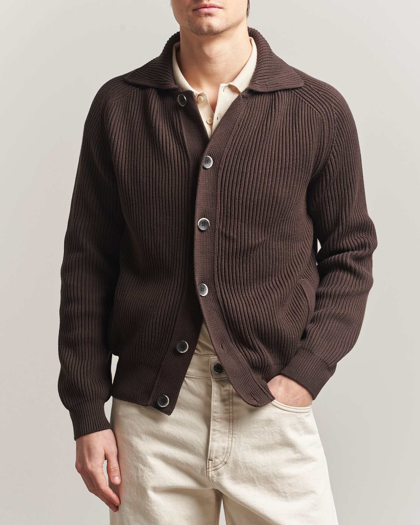 Heren | Truien | Altea | Cotton Rib Cardigan Jacket Dark Brown