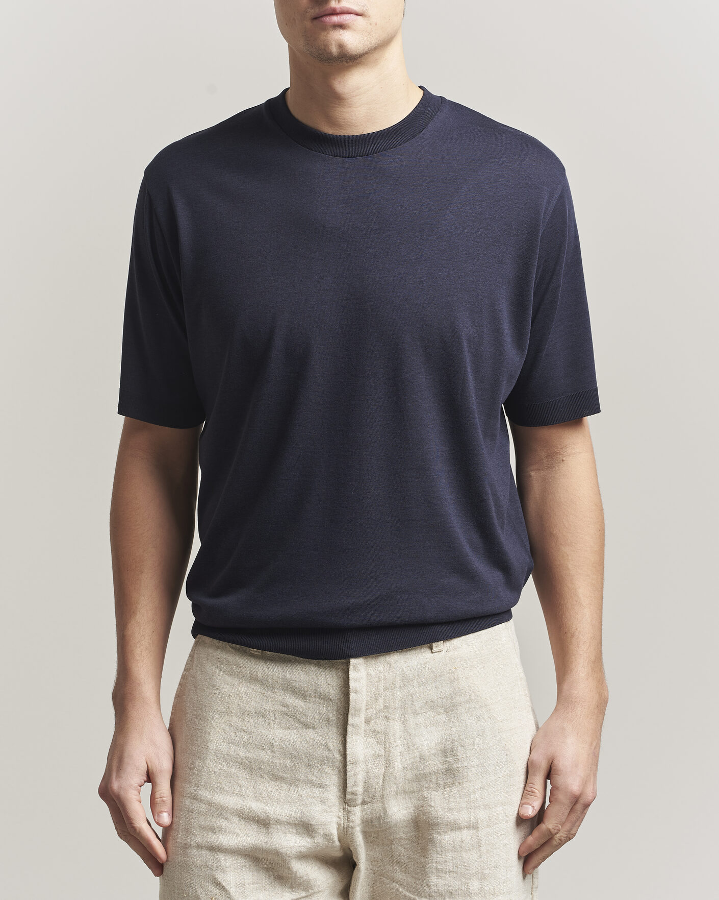 Heren | T-shirts | Altea | Cotton/Stretch Knitted T-Shirt Navy