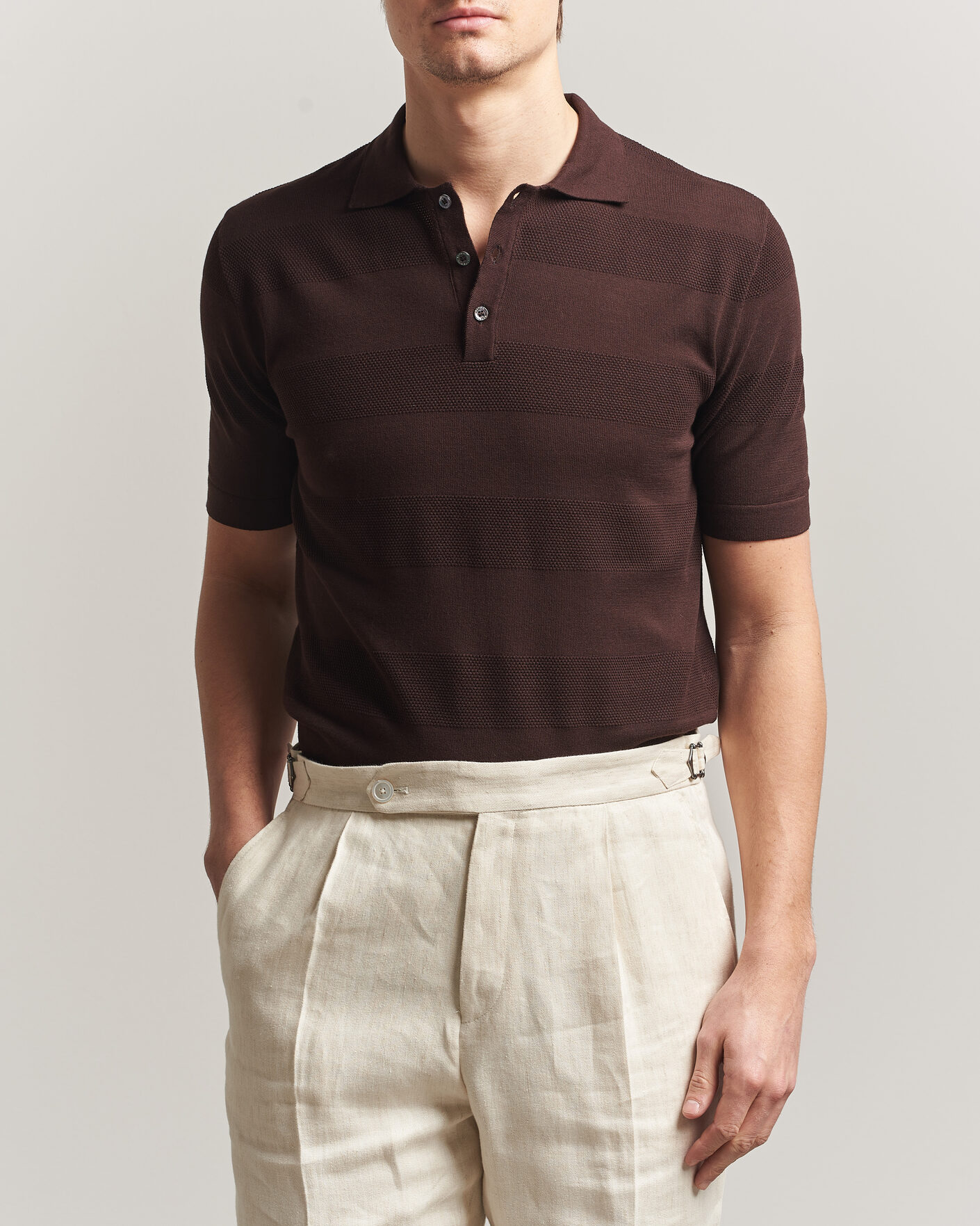 Heren | Polo's | Altea | Block Stripe Knitted Polo Dark Brown
