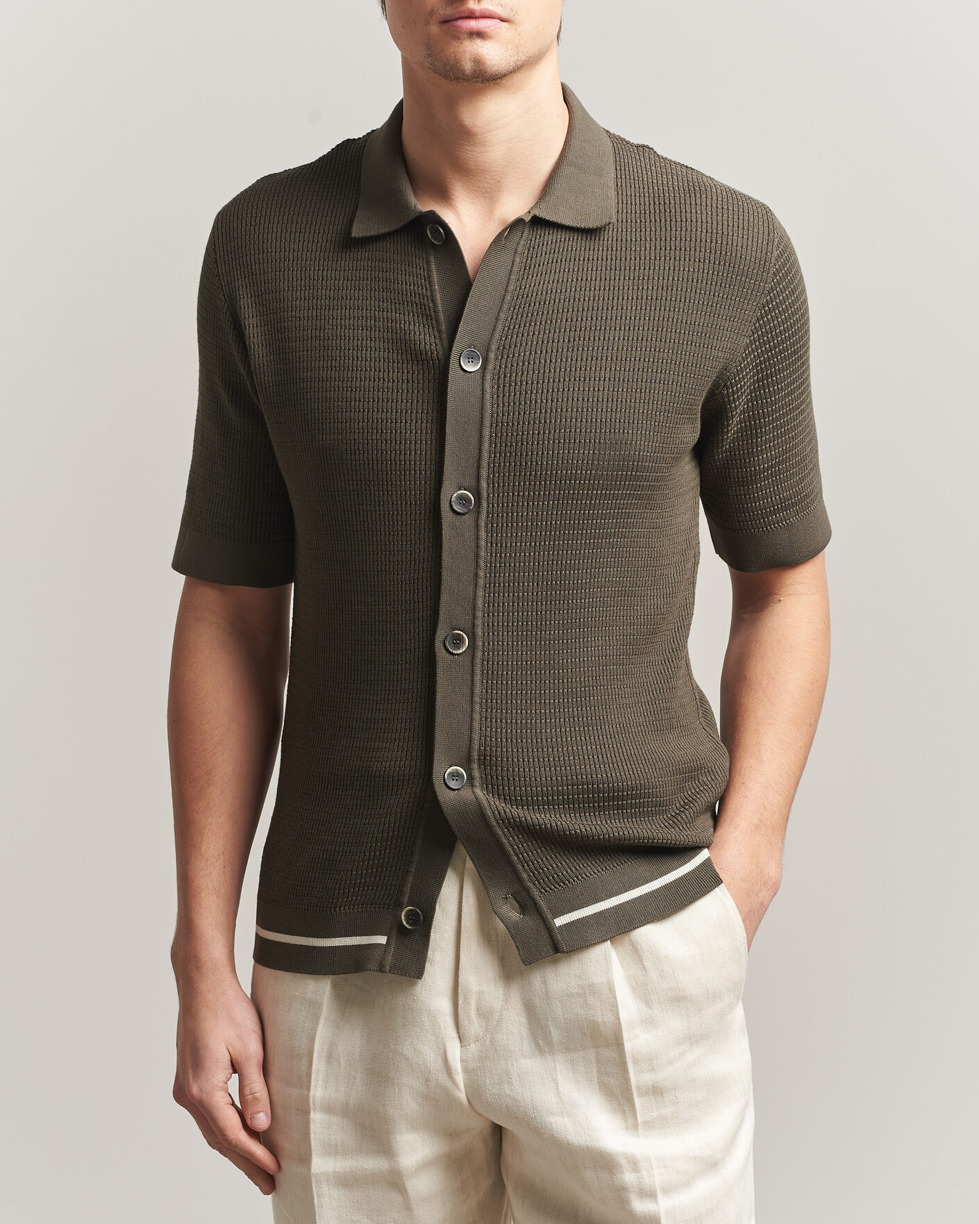 Heren | Overhemden | Altea | Bamboo Stitch Knitted Camp Shirt Dark Green