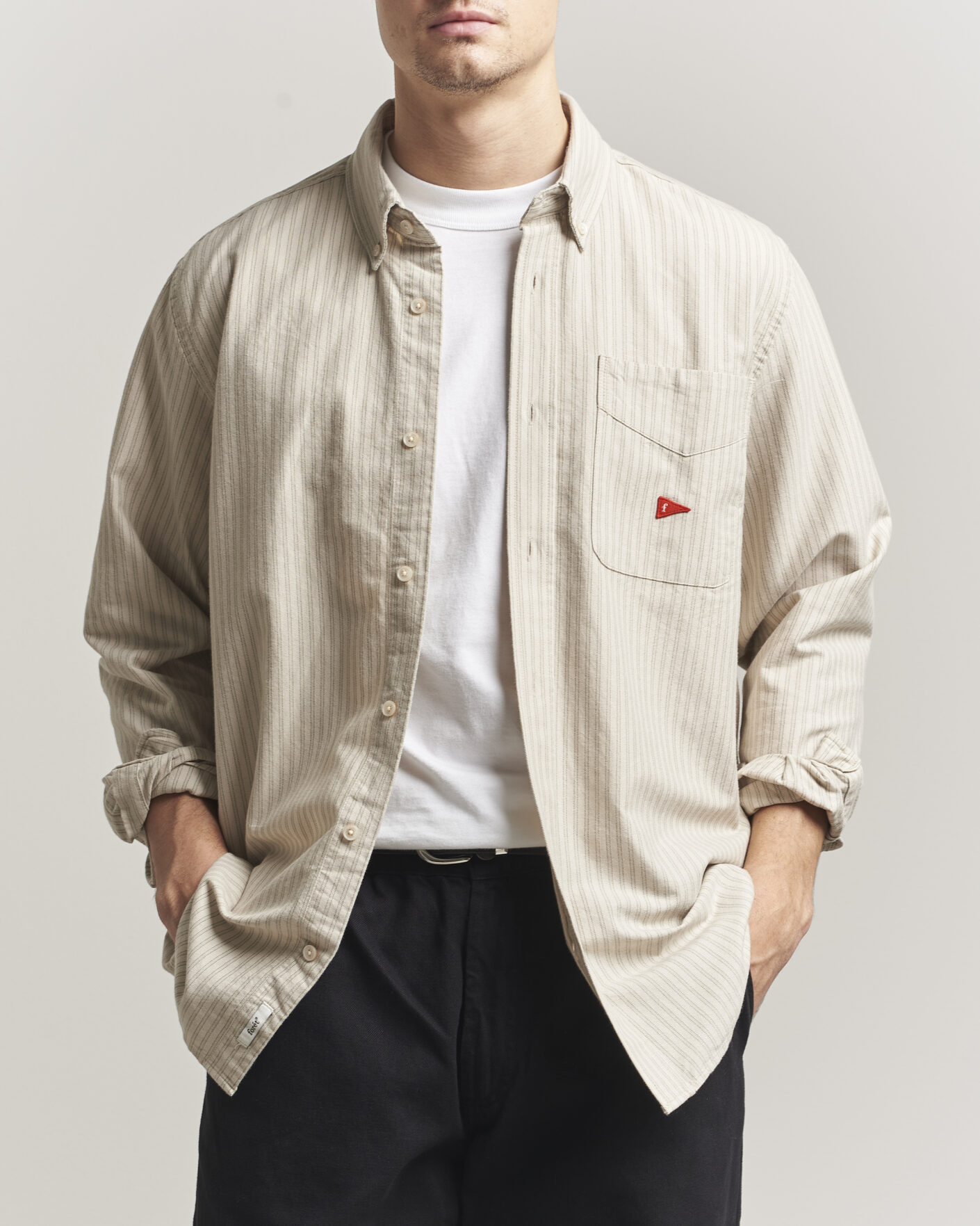 Heren | Overhemden | Forét | Flag Regular Fit Pocket Oxford Shirt Taupe Stripe