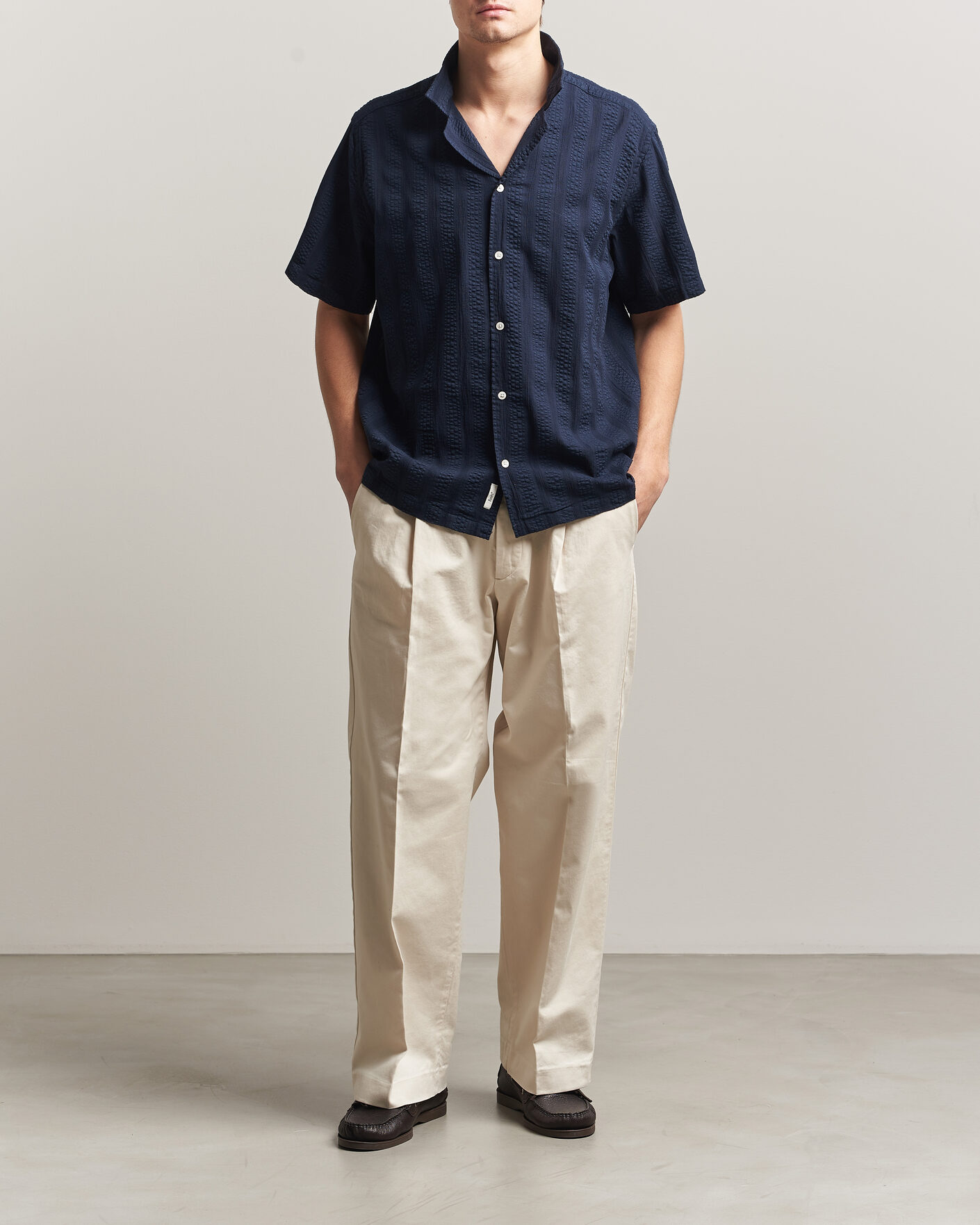 Heren | Overhemden | Forét | Peer Jacquard Stripe Regular Fit SS Shirt Navy