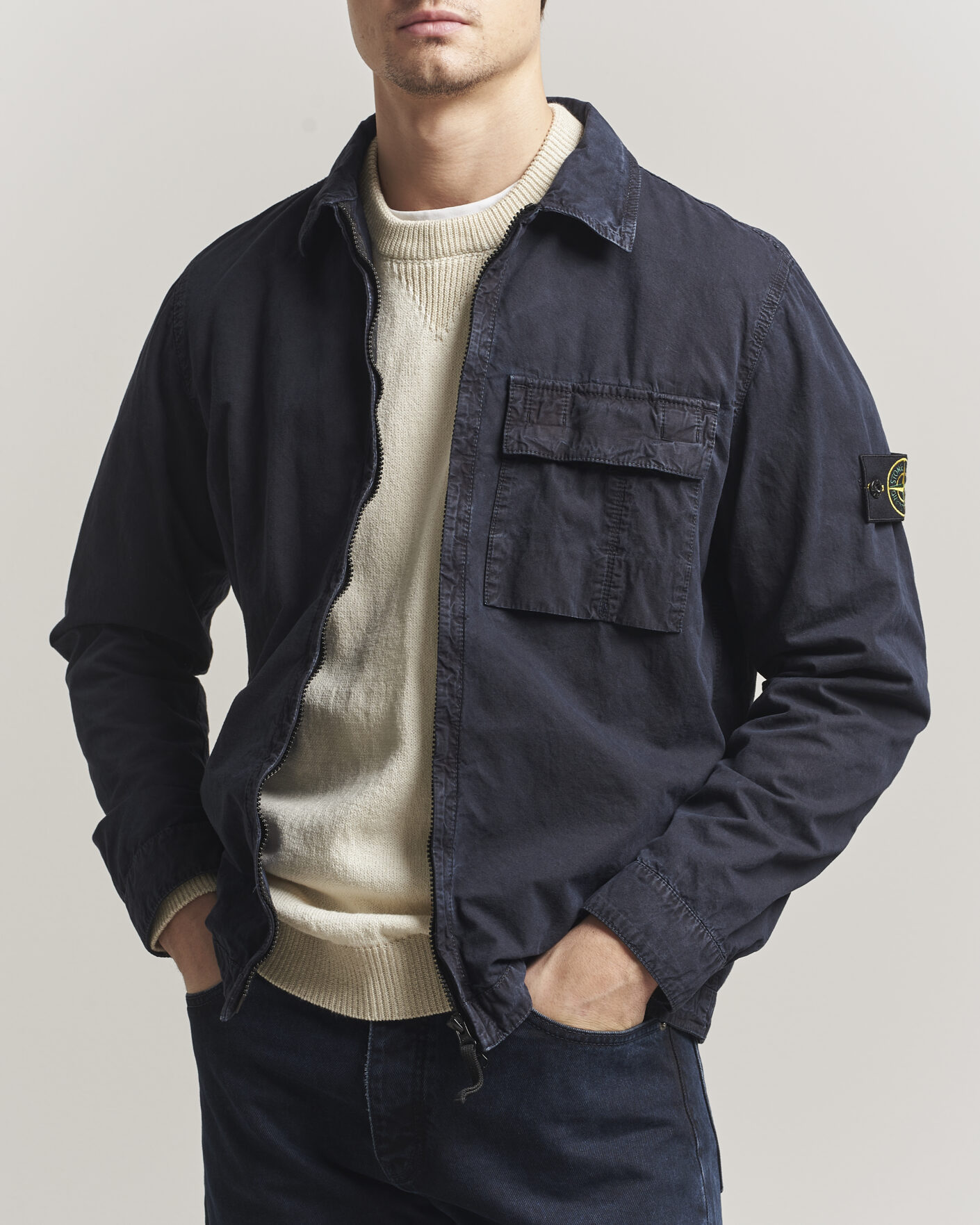Heren | Overhemden | Stone Island | Brushed Cotton Canvas Zip Overshirt Navy