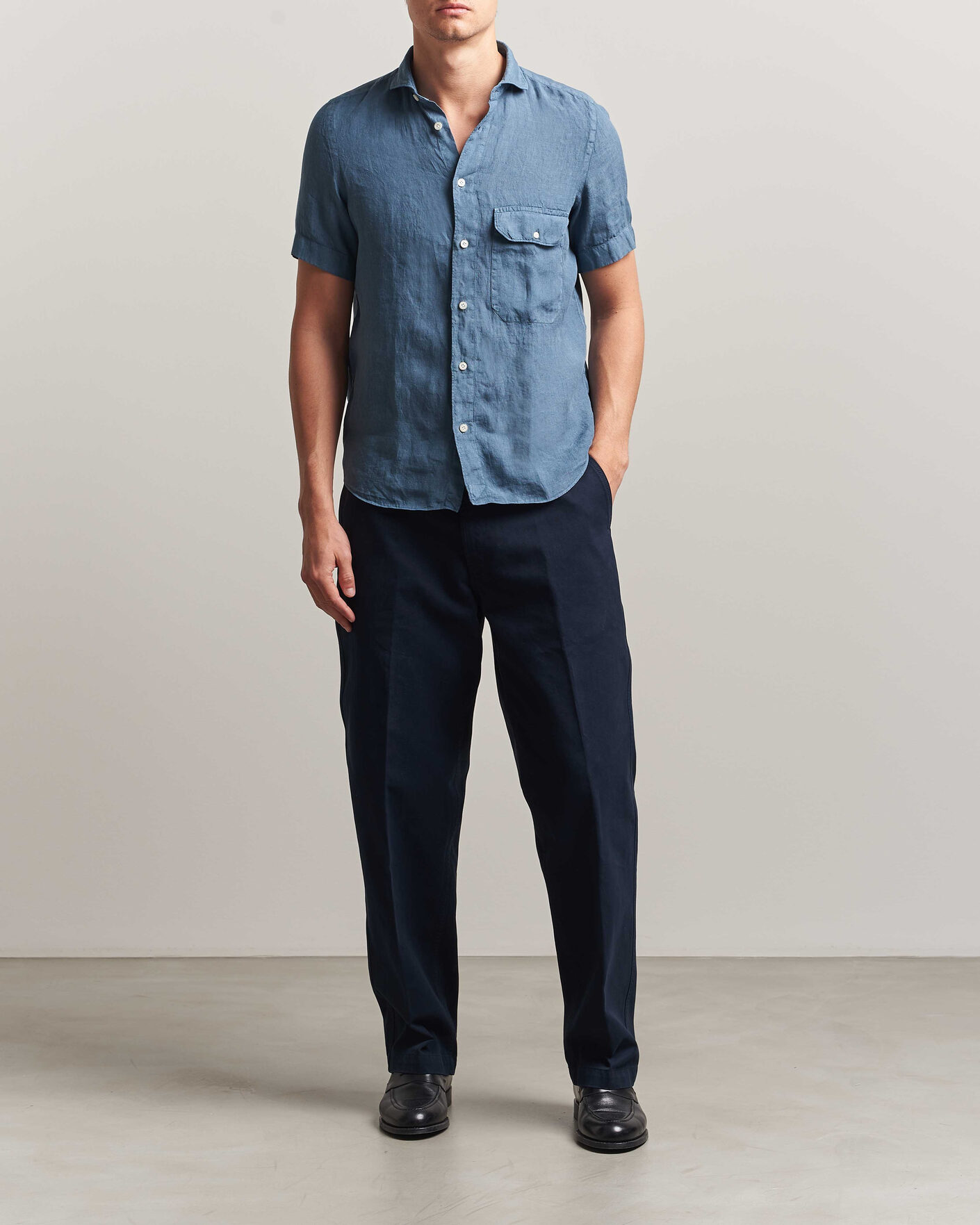 Heren | Overhemden | Finamore Napoli | Linen Short Sleeve Sport Shirt Dark Blue