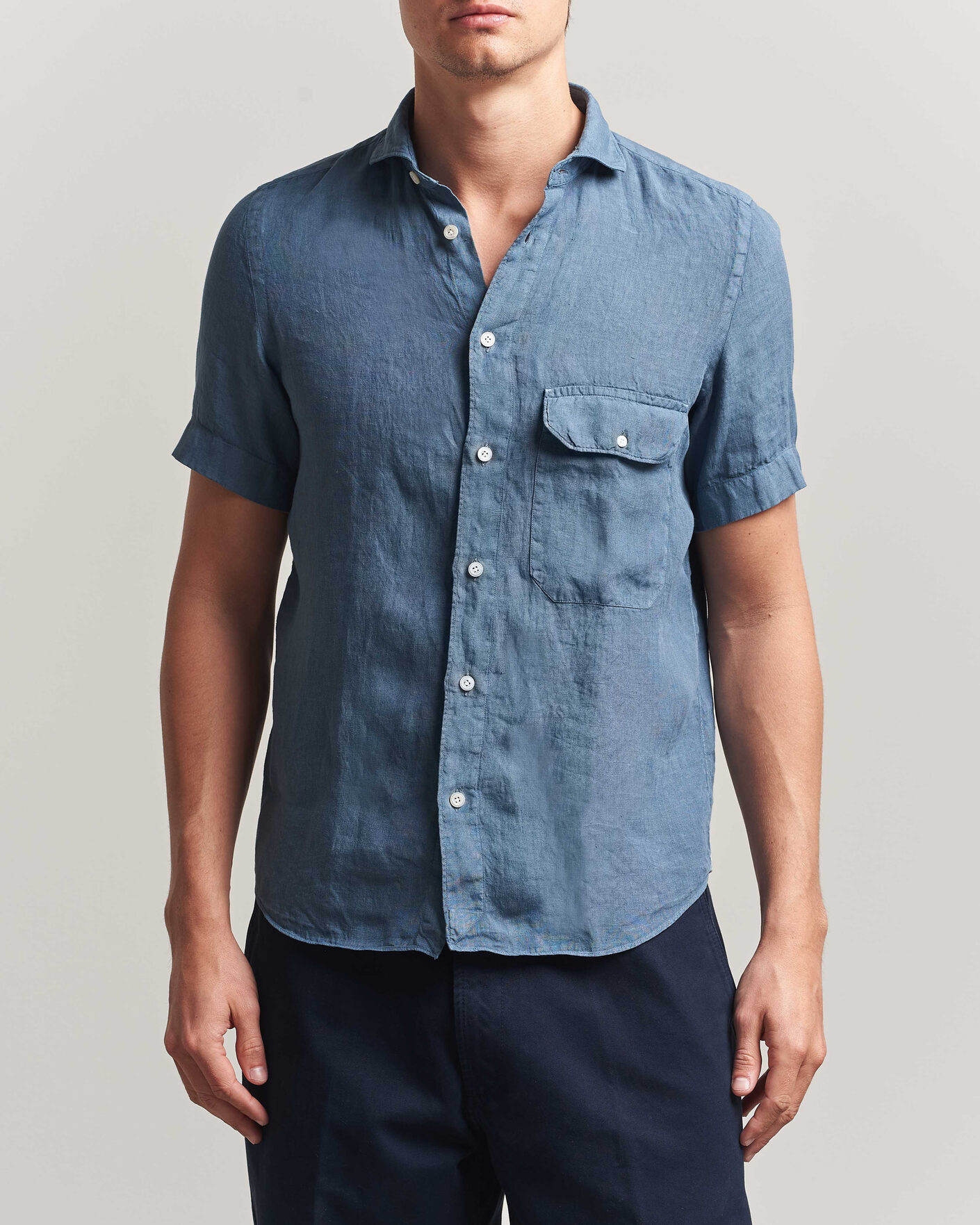Heren | Overhemden | Finamore Napoli | Linen Short Sleeve Sport Shirt Dark Blue
